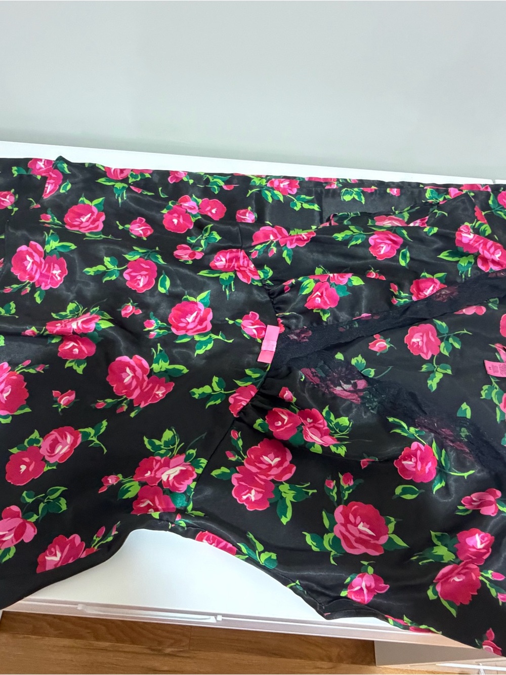 Betsey Johnson Black Top and Pant Set with Pink Floral Print